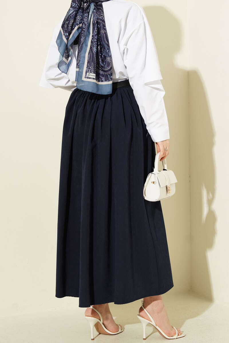Belted Skirt with Gathered Waist and Pockets - Navy