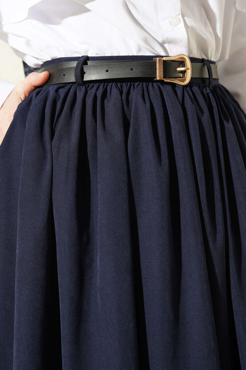 Belted Skirt with Gathered Waist and Pockets - Navy