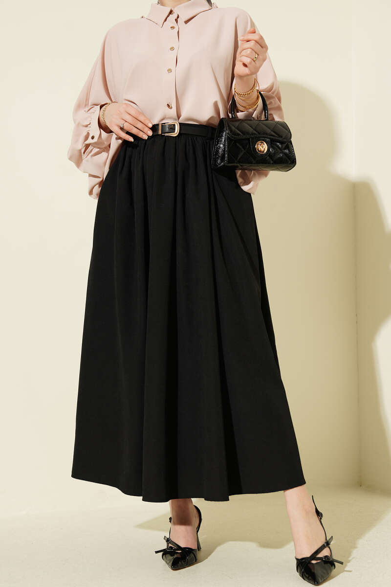 Belted Skirt with Gathered Waist and Pockets - Black