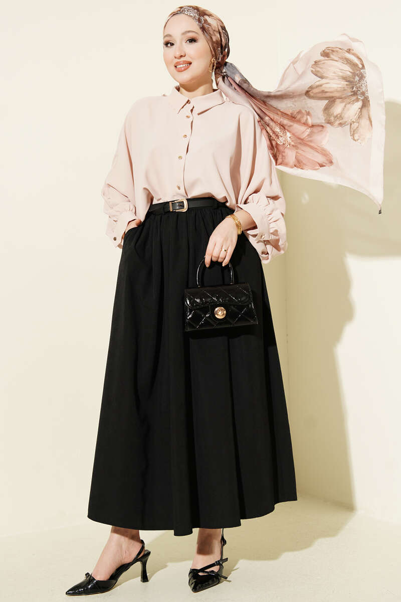 Belted Skirt with Gathered Waist and Pockets - Black