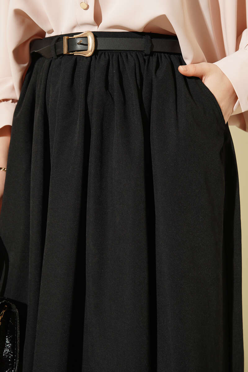 Belted Skirt with Gathered Waist and Pockets - Black