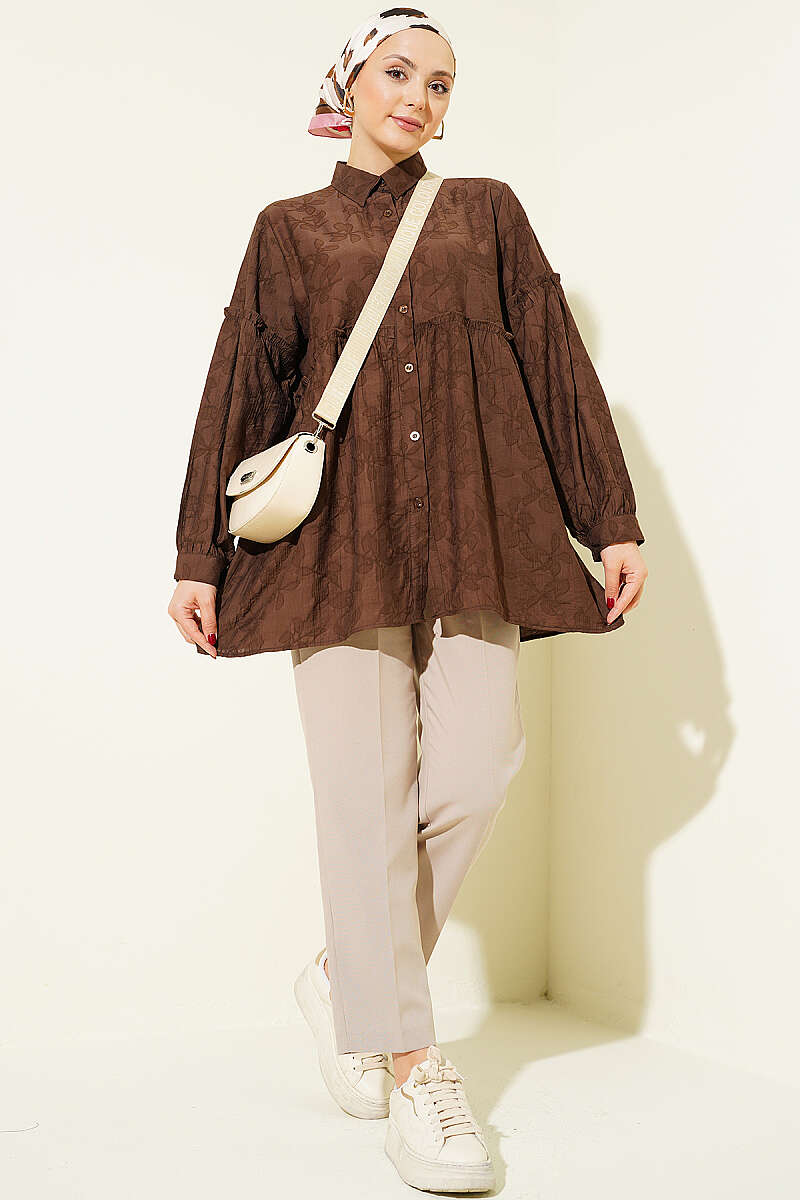 Self-Pattern Shirt with Gathered Waist - Brown