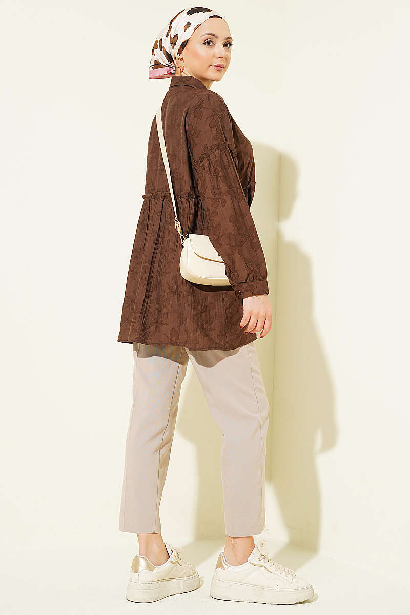 Self-Pattern Shirt with Gathered Waist - Brown