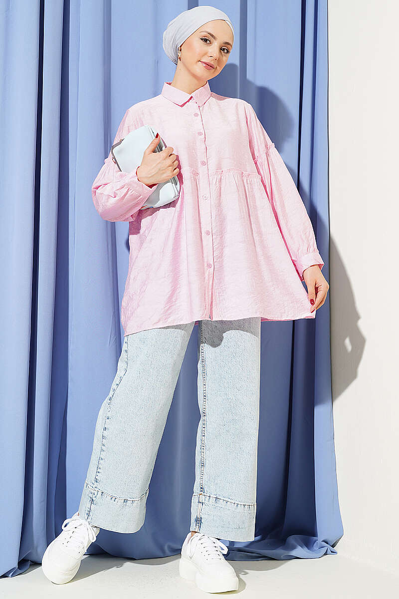 Self-Pattern Shirt with Gathered Waist - Pink