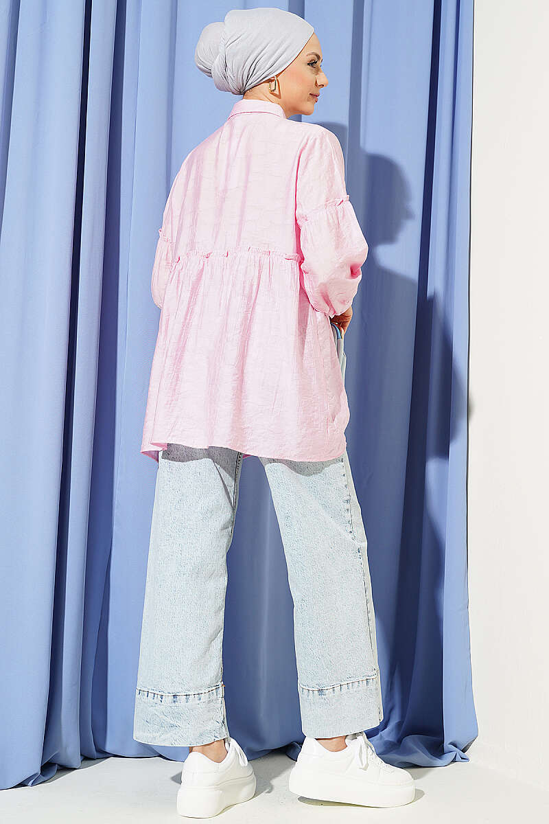 Self-Pattern Shirt with Gathered Waist - Pink