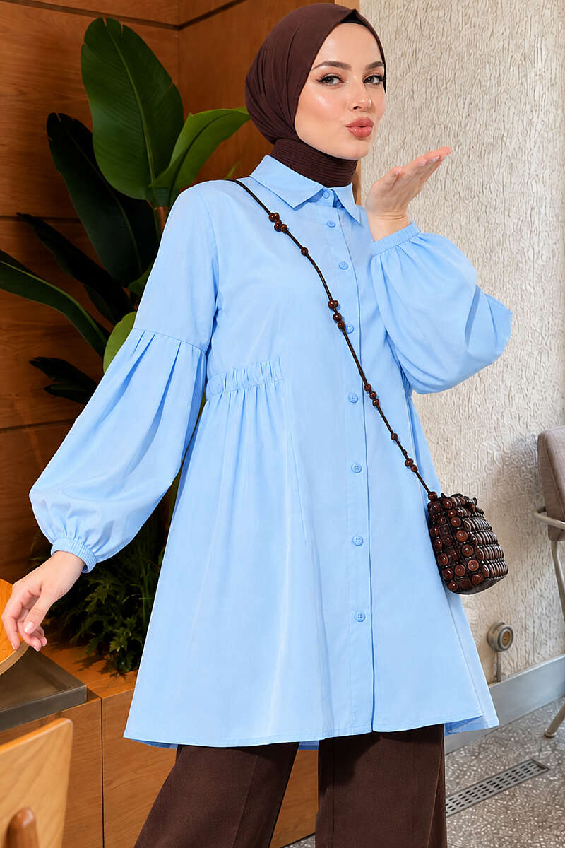 Shirt with Gathered Waist and Pleated Sleeves - Light Blue