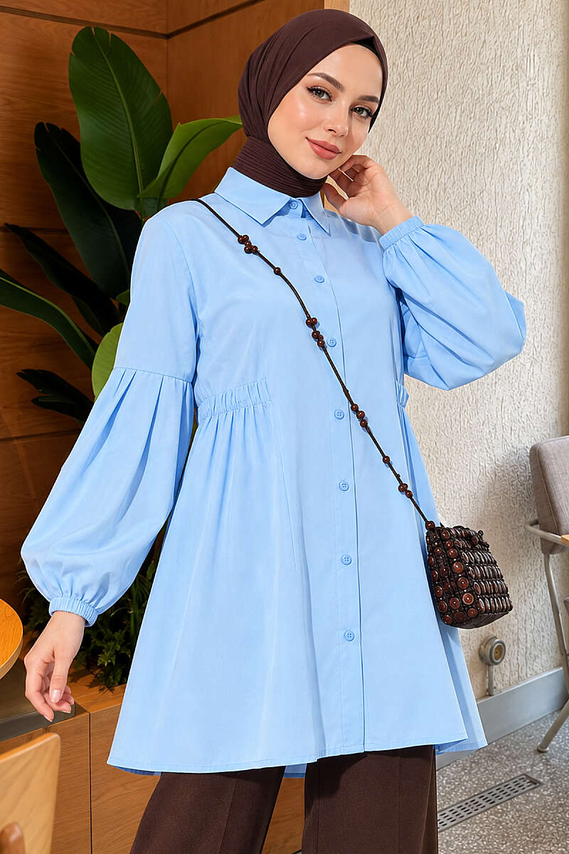 Shirt with Gathered Waist and Pleated Sleeves - Light Blue