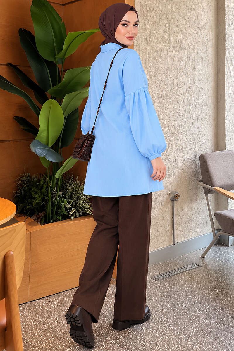 Shirt with Gathered Waist and Pleated Sleeves - Light Blue