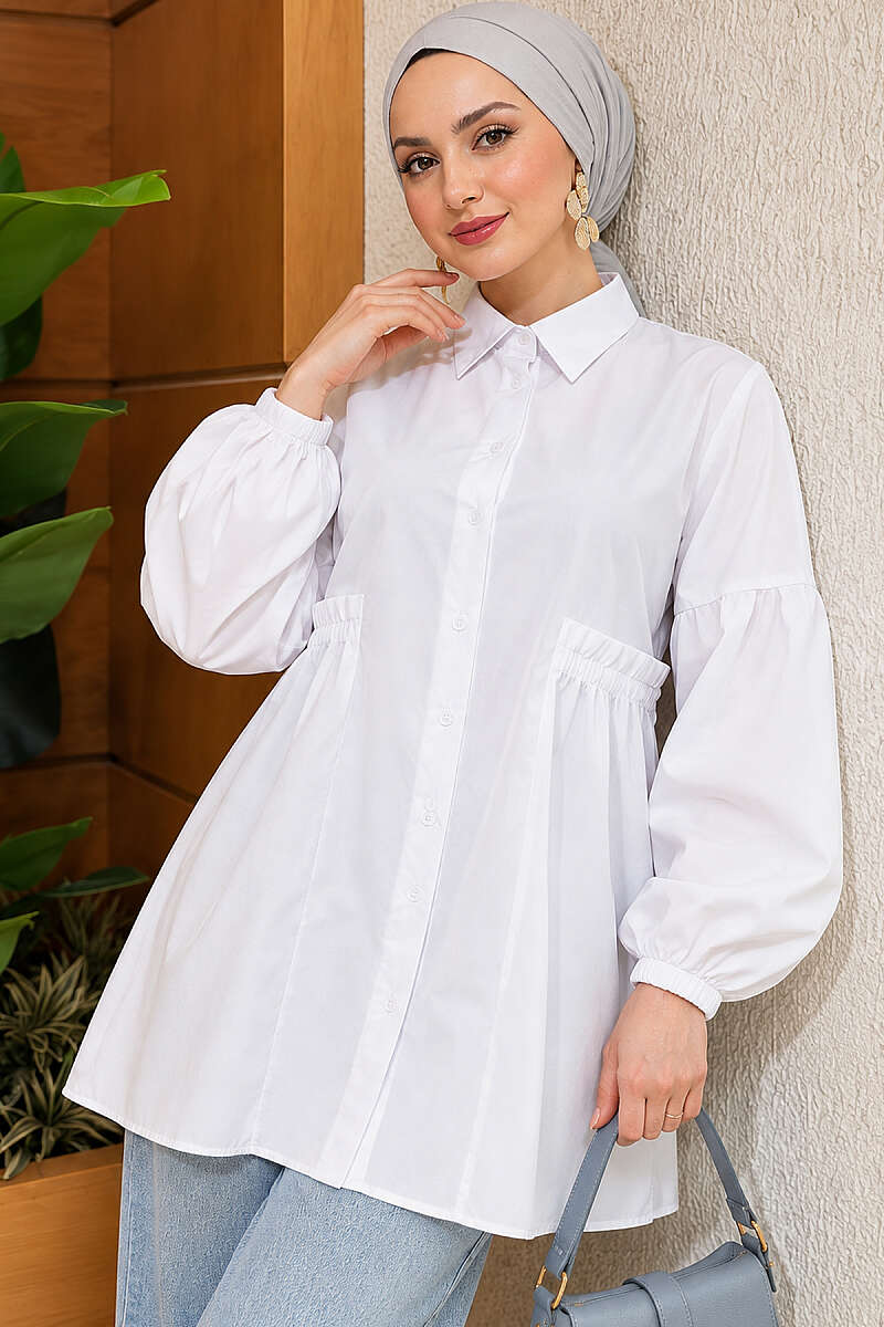 Shirt with Gathered Waist and Pleated Sleeves - White