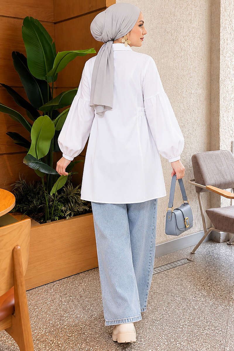 Shirt with Gathered Waist and Pleated Sleeves - White
