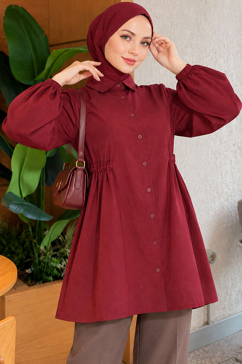 Shirt with Gathered Waist and Pleated Sleeves - Burgundy
