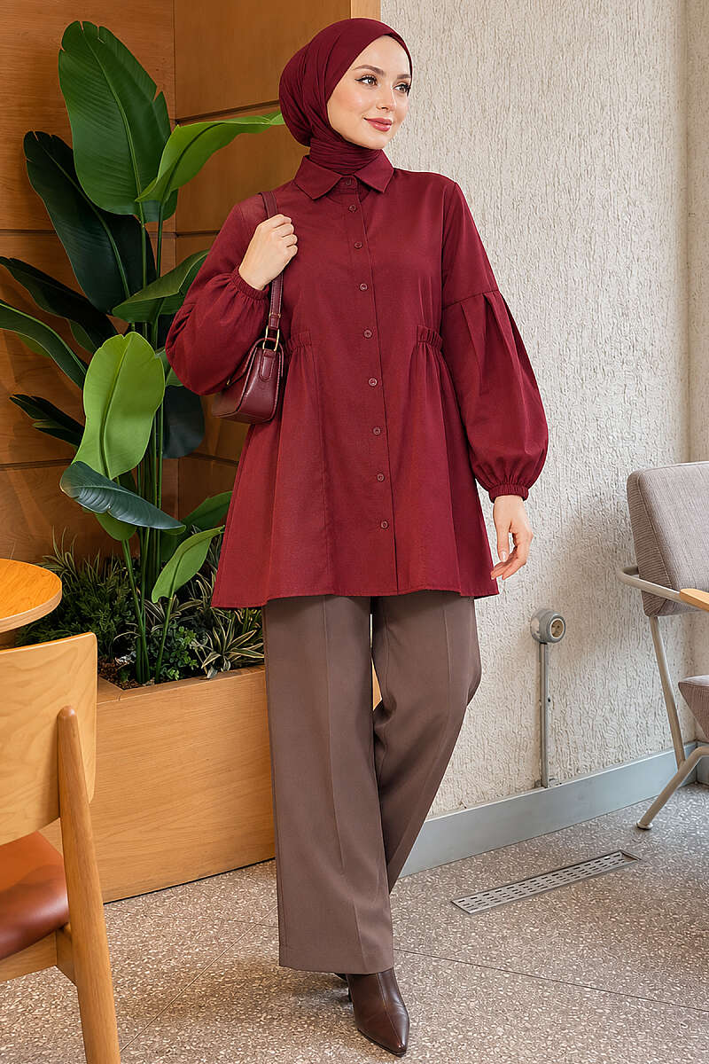Shirt with Gathered Waist and Pleated Sleeves - Burgundy