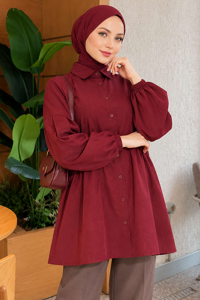 Shirt with Gathered Waist and Pleated Sleeves - Burgundy