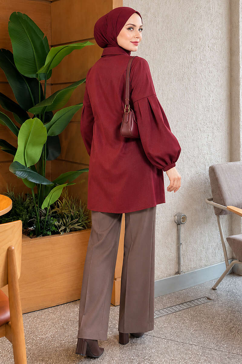 Shirt with Gathered Waist and Pleated Sleeves - Burgundy