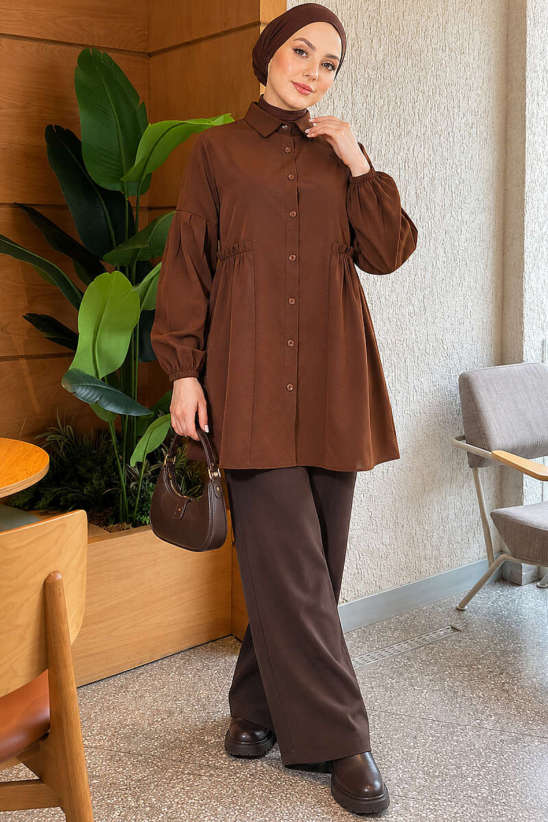 Shirt with Gathered Waist and Pleated Sleeves - Brown