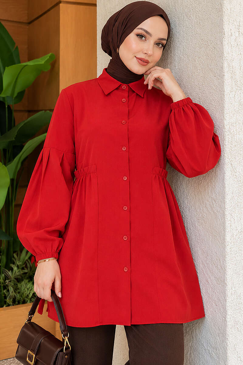 Shirt with Gathered Waist and Pleated Sleeves - Red