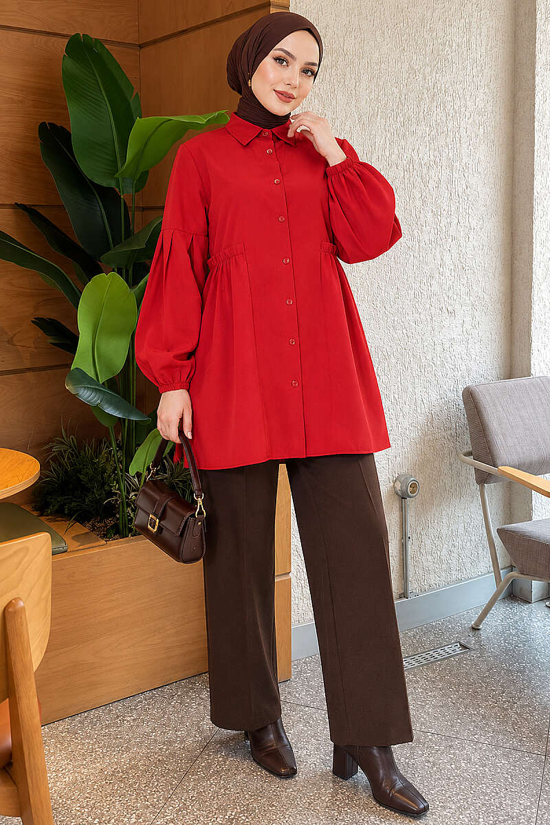 Shirt with Gathered Waist and Pleated Sleeves - Red