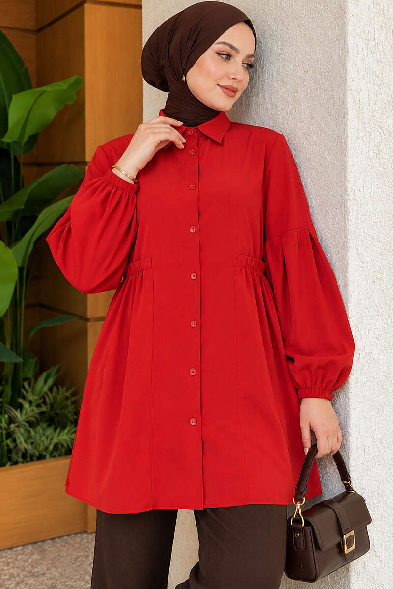 Shirt with Gathered Waist and Pleated Sleeves - Red