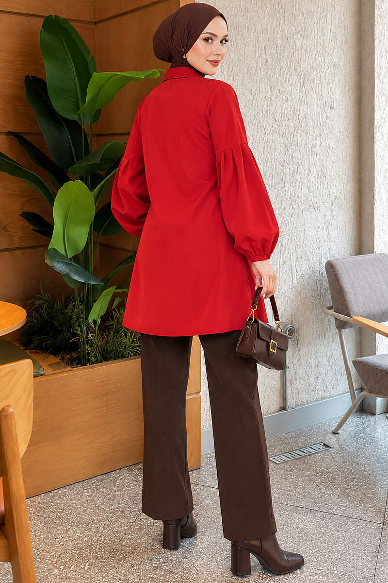 Shirt with Gathered Waist and Pleated Sleeves - Red