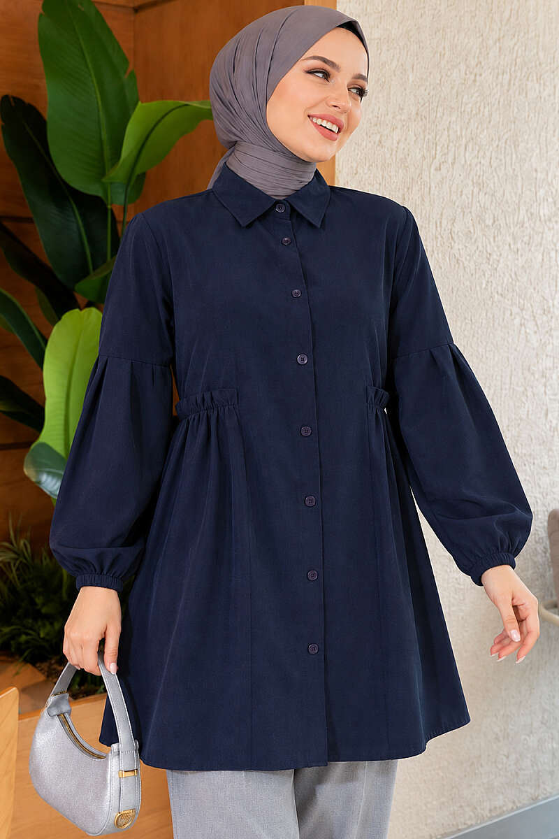 Shirt with Gathered Waist and Pleated Sleeves - Navy