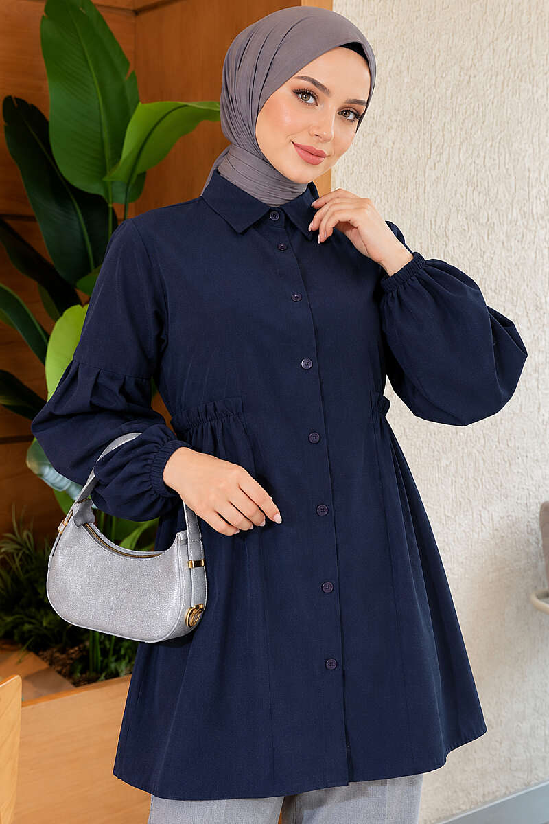 Shirt with Gathered Waist and Pleated Sleeves - Navy