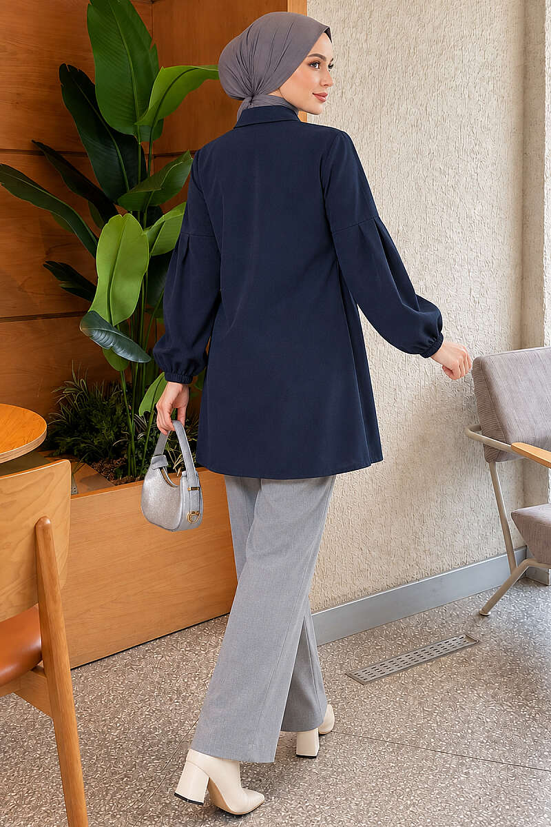 Shirt with Gathered Waist and Pleated Sleeves - Navy