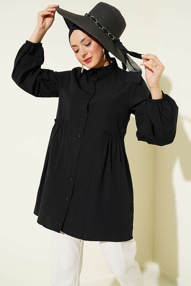Shirt with Gathered Waist and Pleated Sleeves - Black
