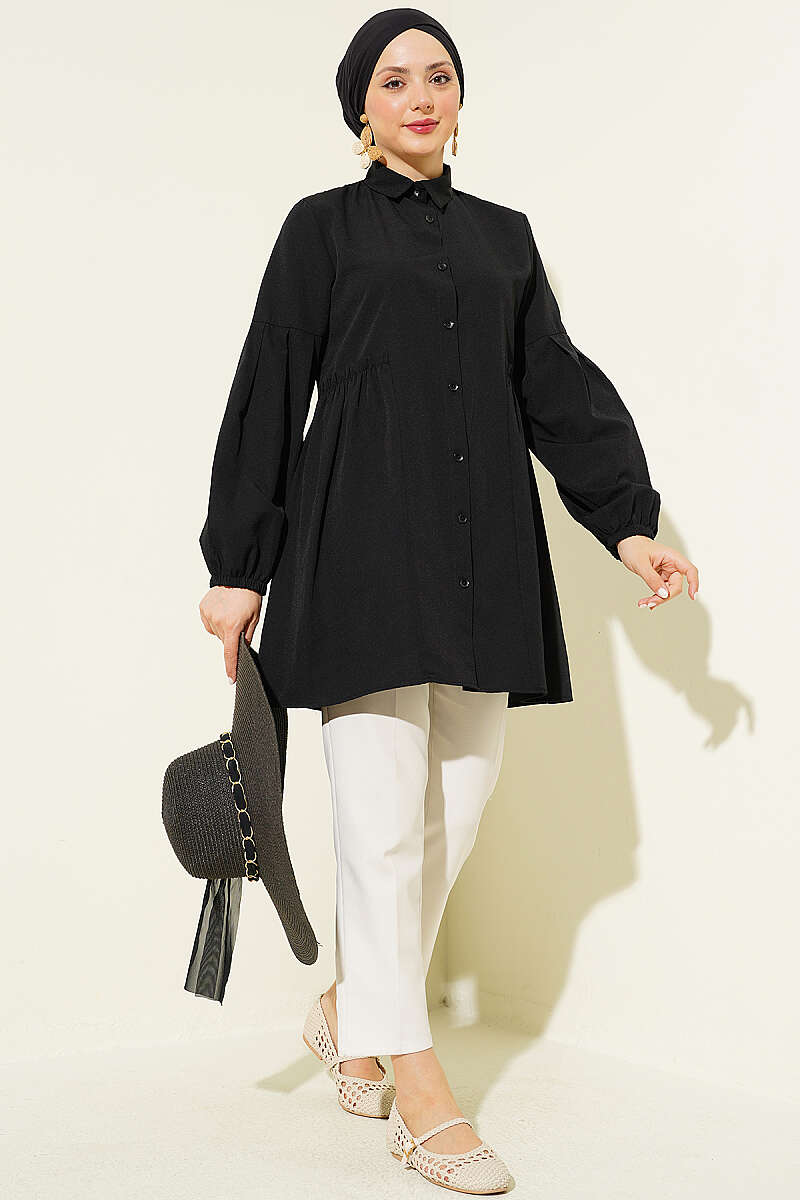Shirt with Gathered Waist and Pleated Sleeves - Black