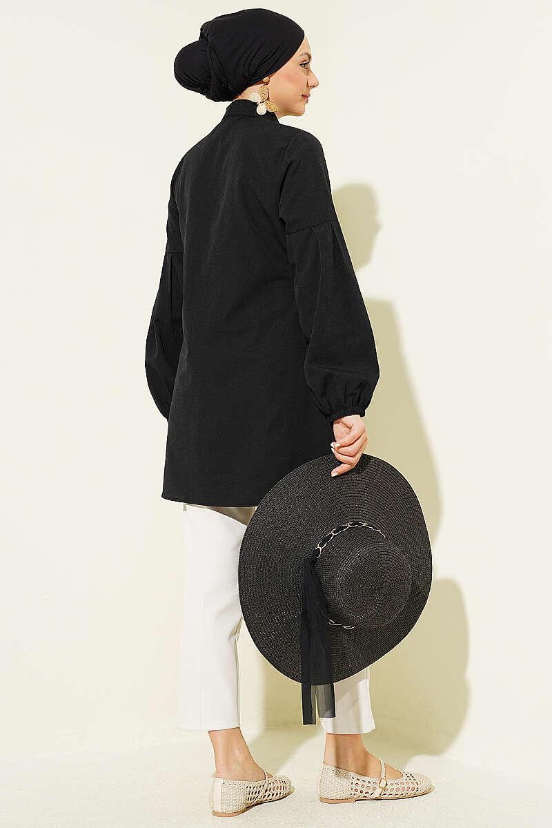 Shirt with Gathered Waist and Pleated Sleeves - Black