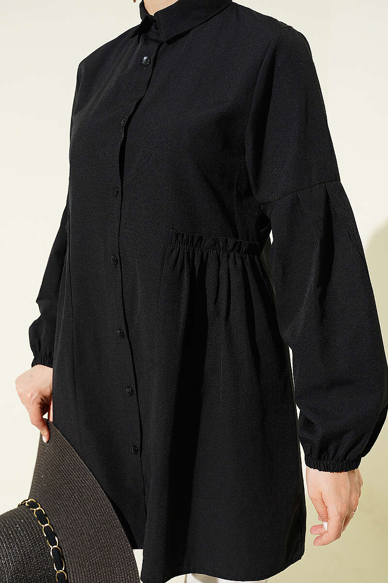 Shirt with Gathered Waist and Pleated Sleeves - Black