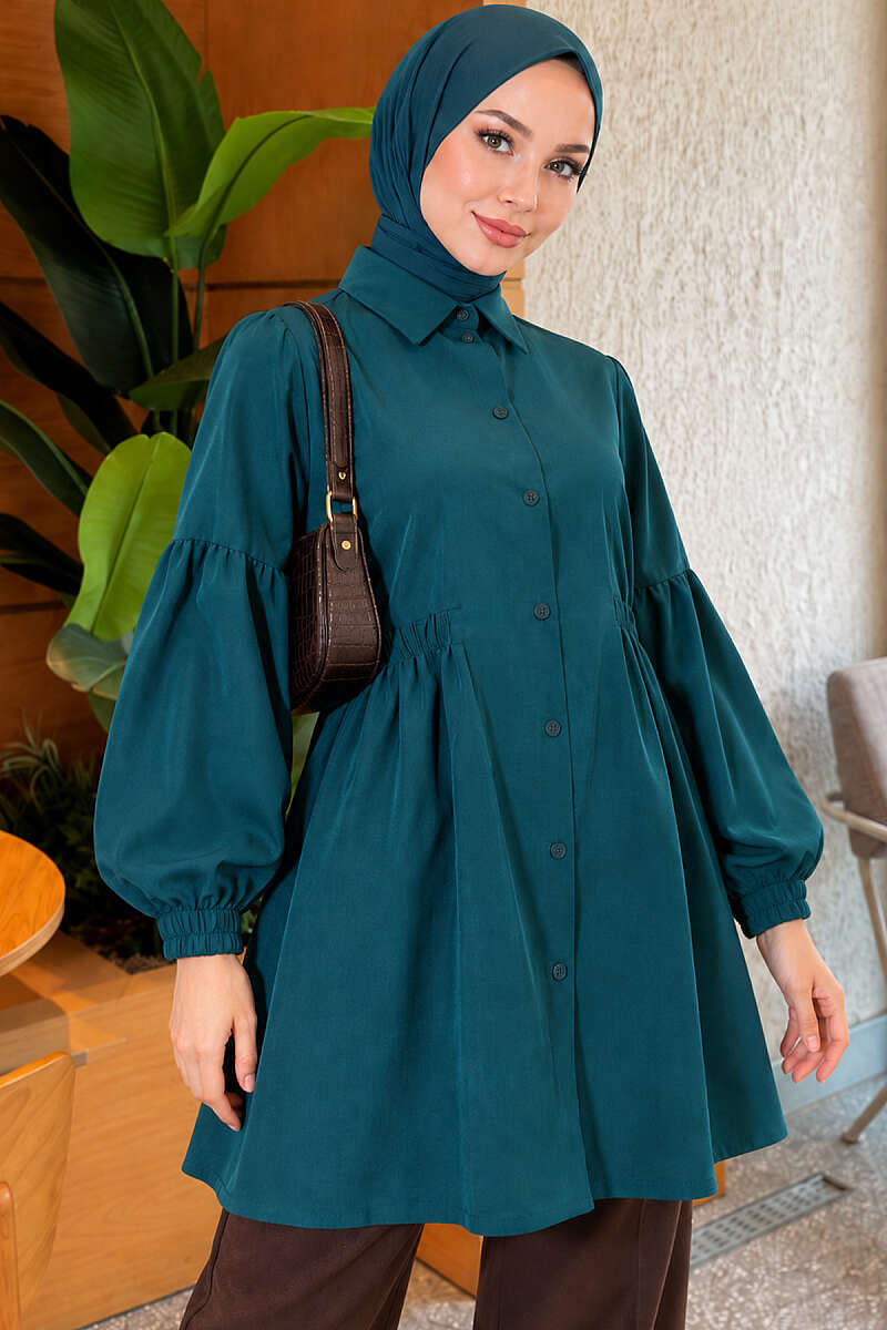 Shirt with Gathered Waist and Pleated Sleeves - Emerald