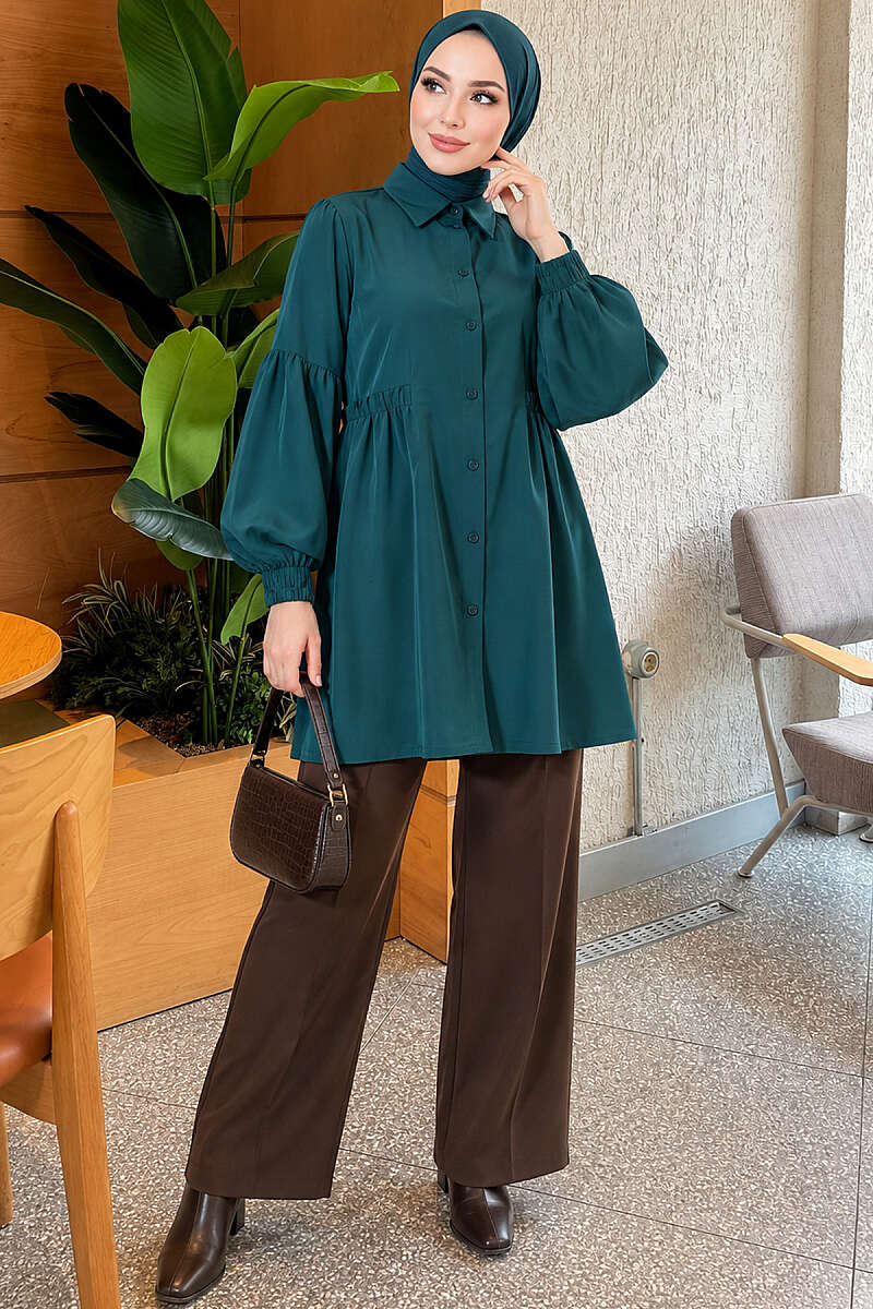Shirt with Gathered Waist and Pleated Sleeves - Emerald