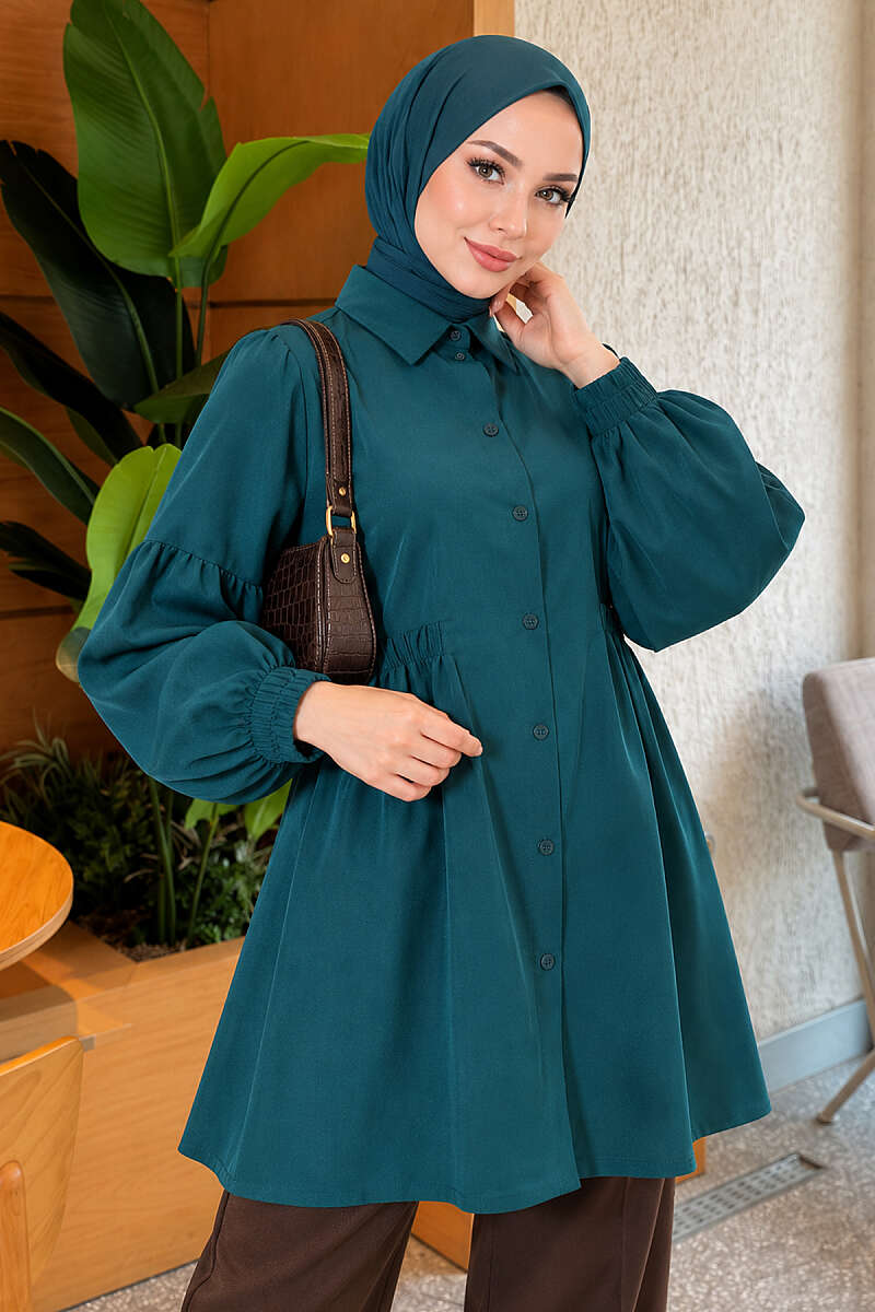 Shirt with Gathered Waist and Pleated Sleeves - Emerald