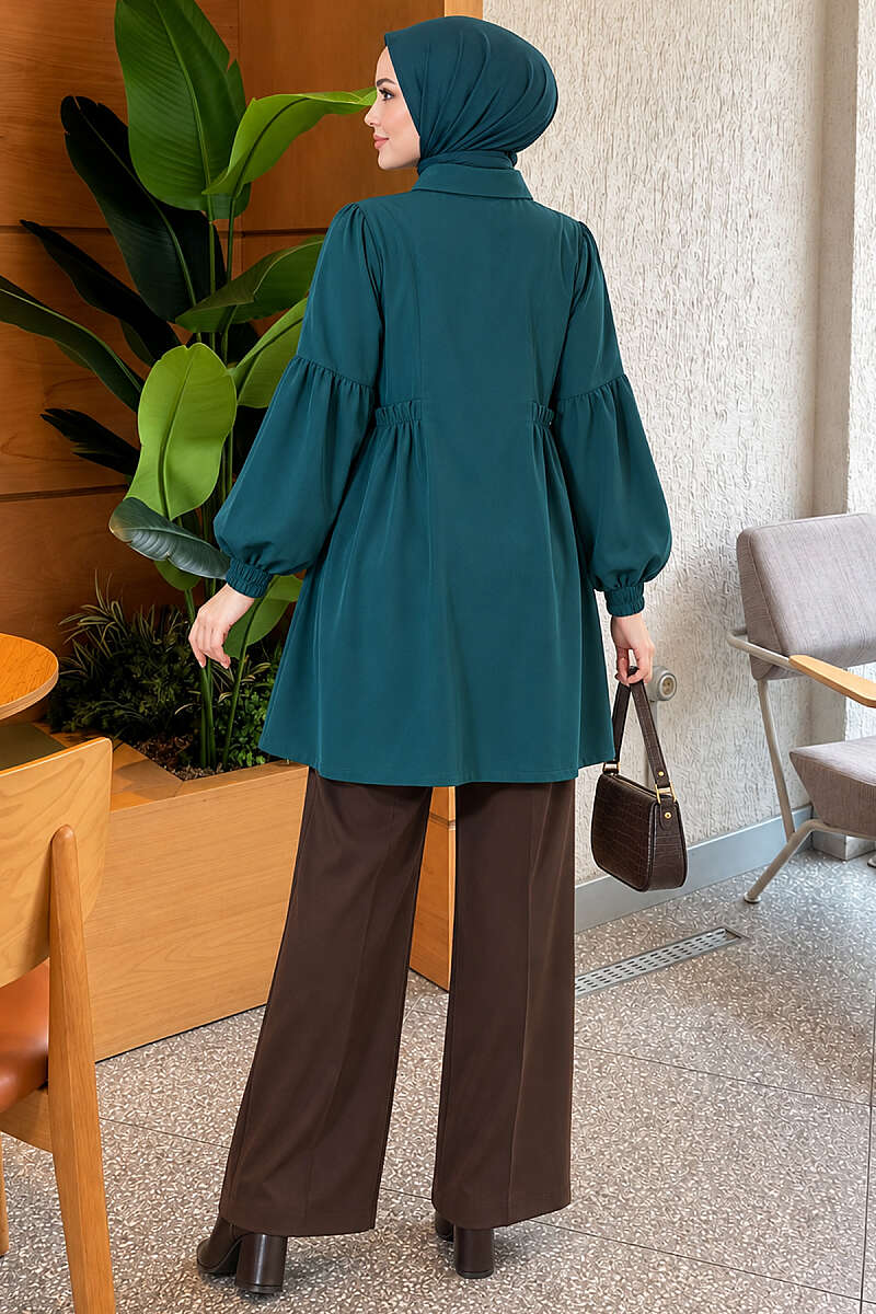 Shirt with Gathered Waist and Pleated Sleeves - Emerald