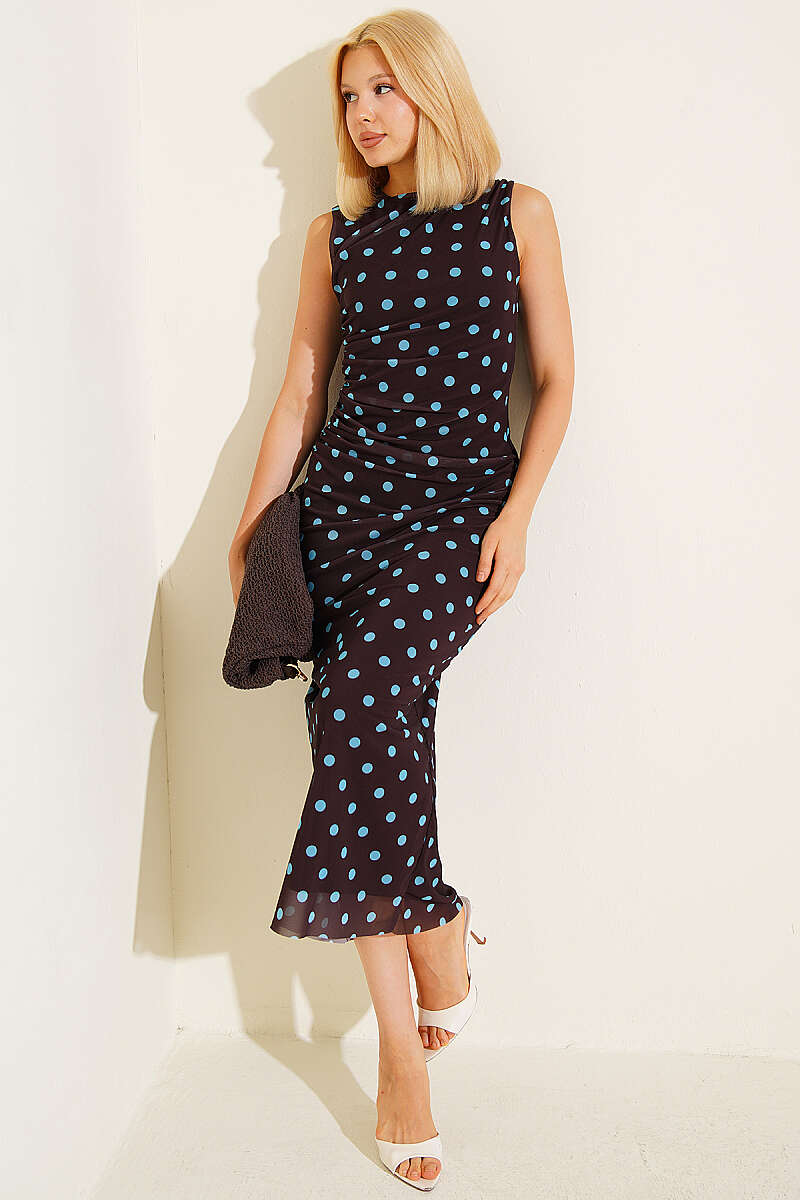 Polka Dot Dress with Gathered Waist - Brown