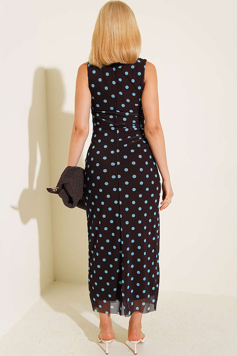 Polka Dot Dress with Gathered Waist - Brown
