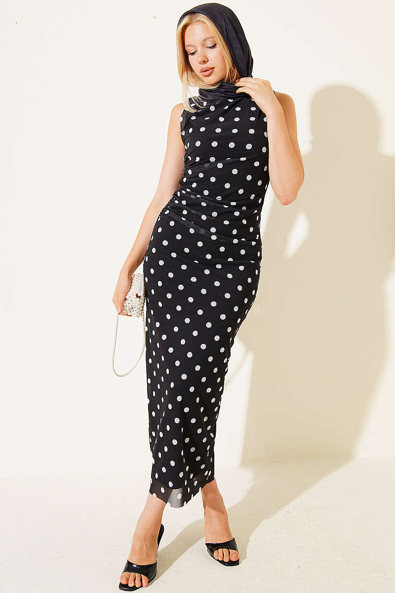 Polka Dot Dress with Gathered Waist - Black
