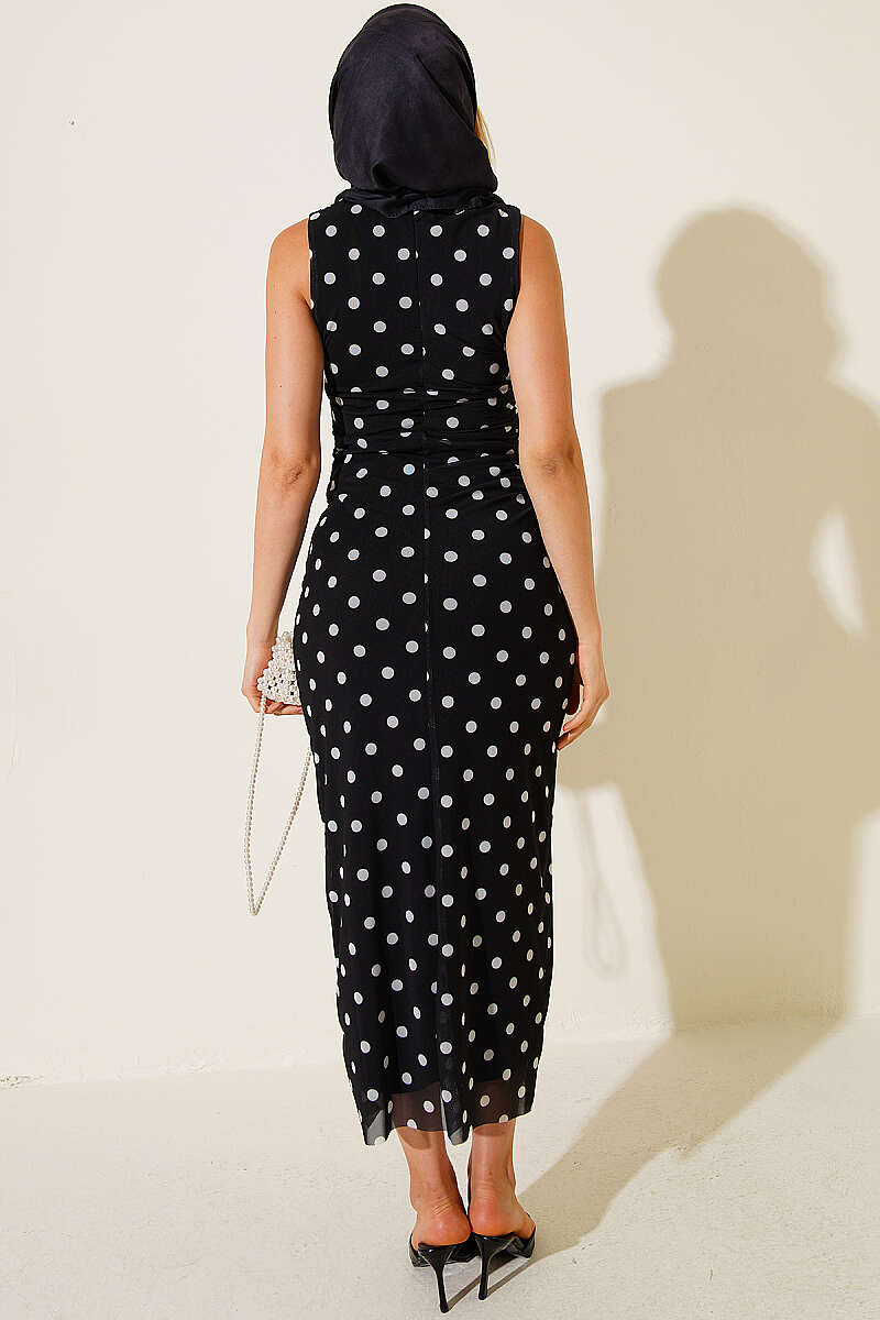 Polka Dot Dress with Gathered Waist - Black