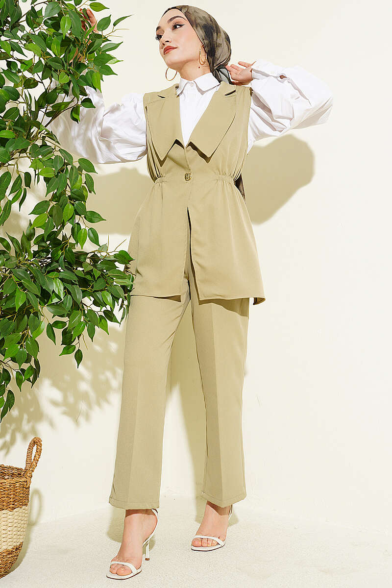 Two-Piece Set with Vest and Gathered Waist - Almond Green