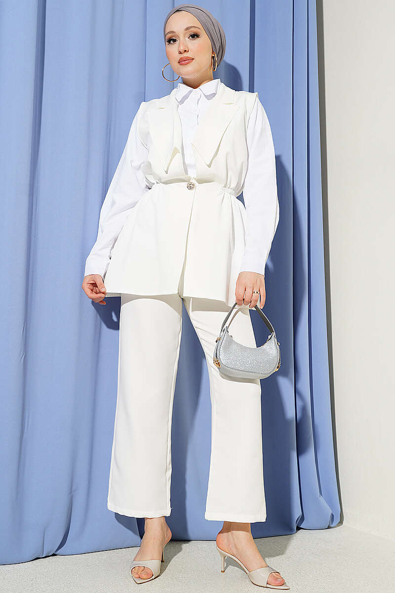 Two-Piece Set with Vest and Gathered Waist - Ecru