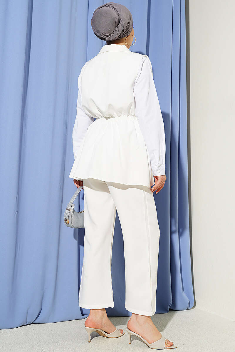 Two-Piece Set with Vest and Gathered Waist - Ecru