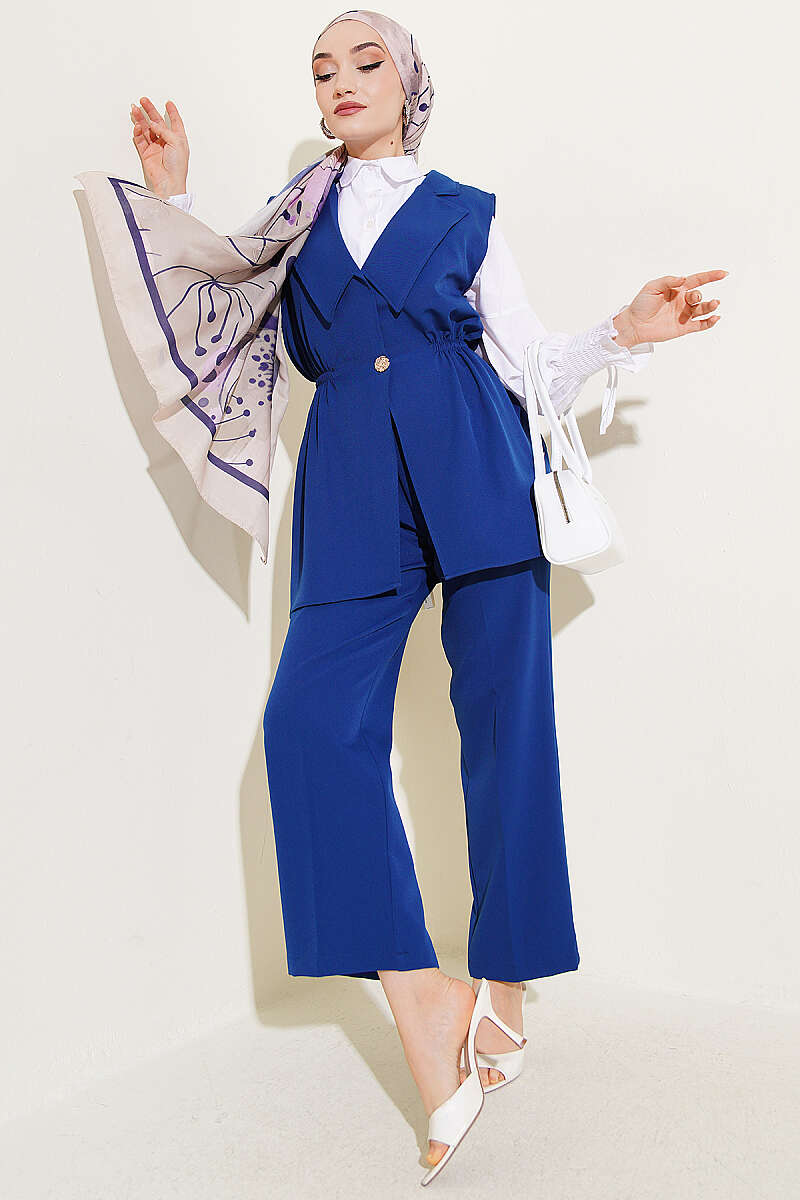 Two-Piece Set with Vest and Gathered Waist - Indigo