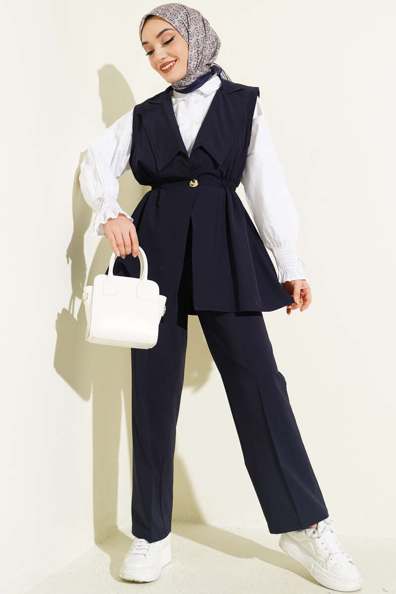 Two-Piece Set with Vest and Gathered Waist - Navy