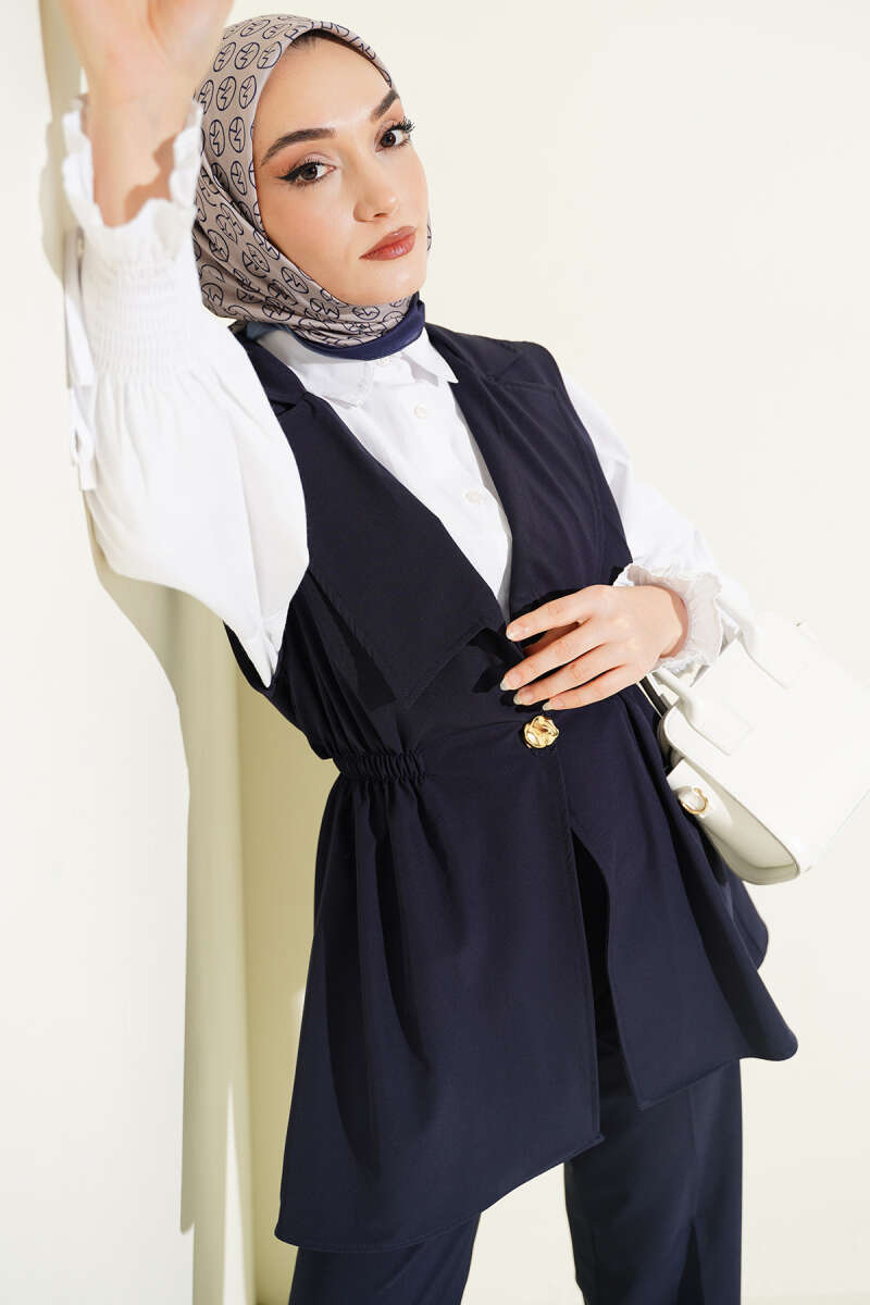Two-Piece Set with Vest and Gathered Waist - Navy