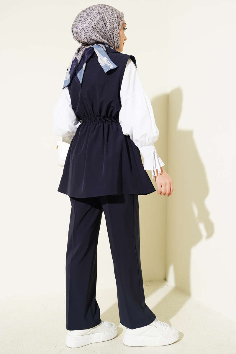Two-Piece Set with Vest and Gathered Waist - Navy