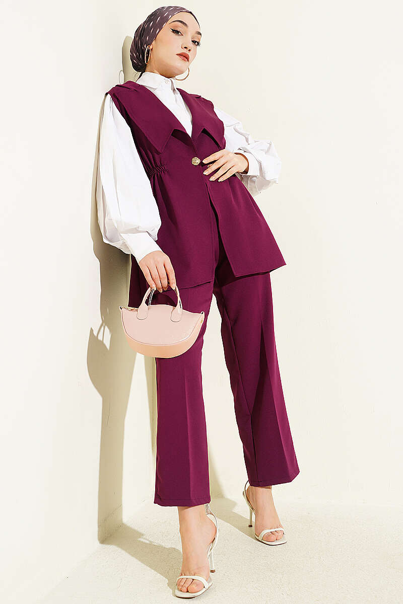 Two-Piece Set with Vest and Gathered Waist - Plum