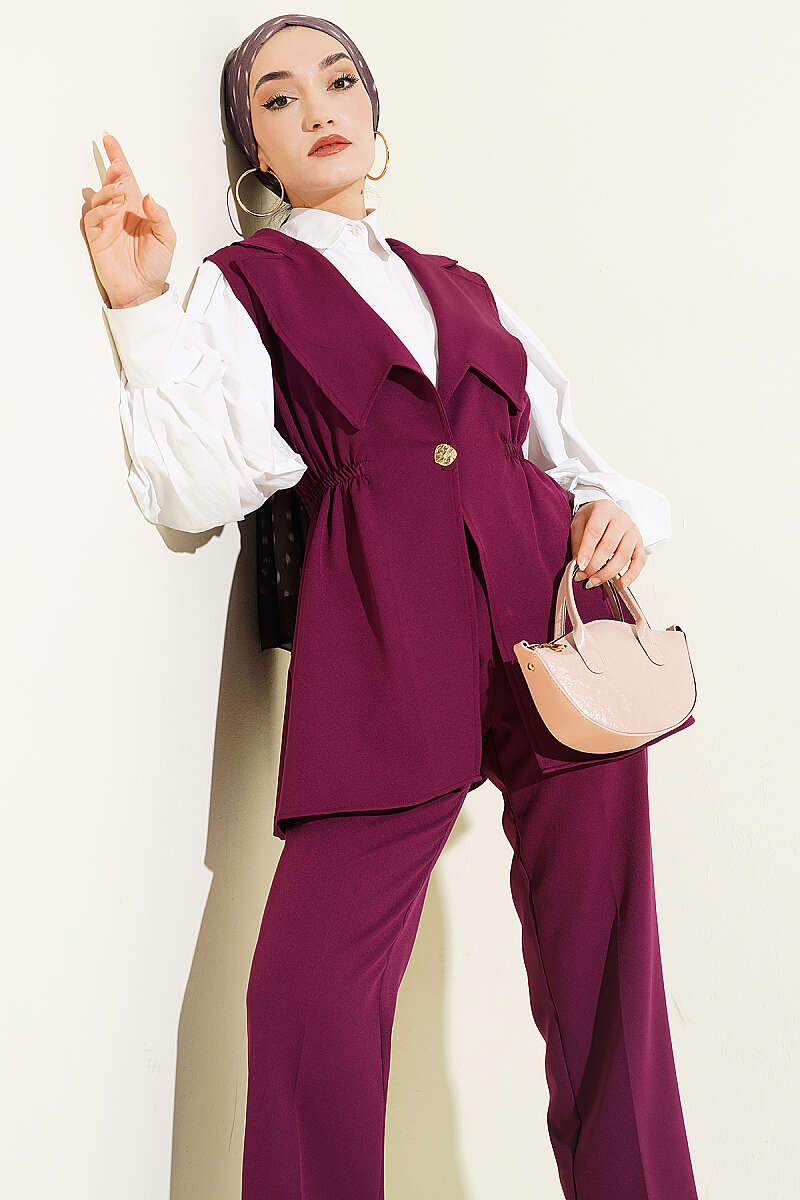 Two-Piece Set with Vest and Gathered Waist - Plum
