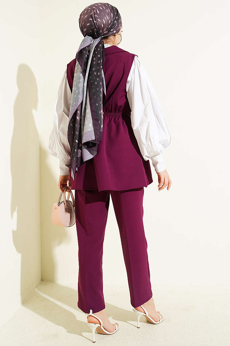 Two-Piece Set with Vest and Gathered Waist - Plum