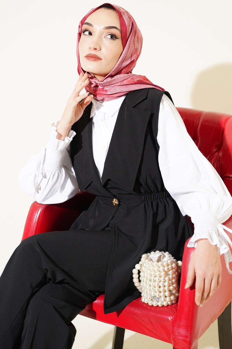 Two-Piece Set with Vest and Gathered Waist - Black