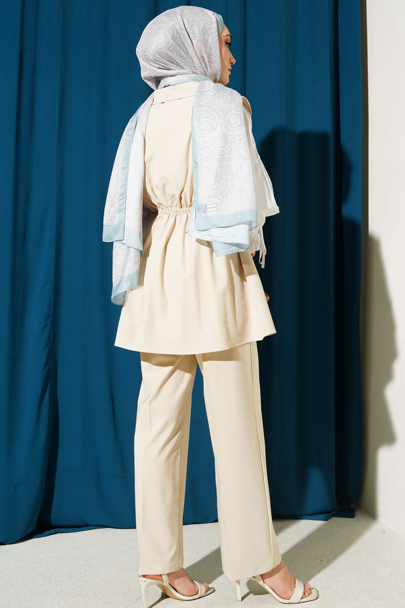Two-Piece Set with Vest and Gathered Waist - Stone